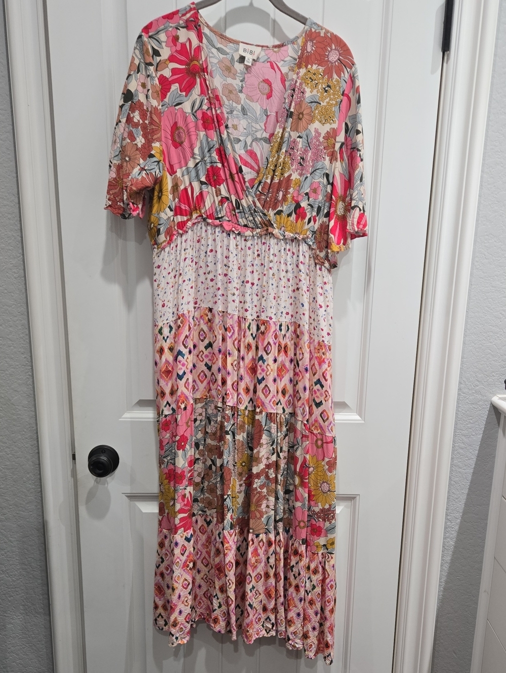 BiBi Pink Floral Tiered Maxi Dress